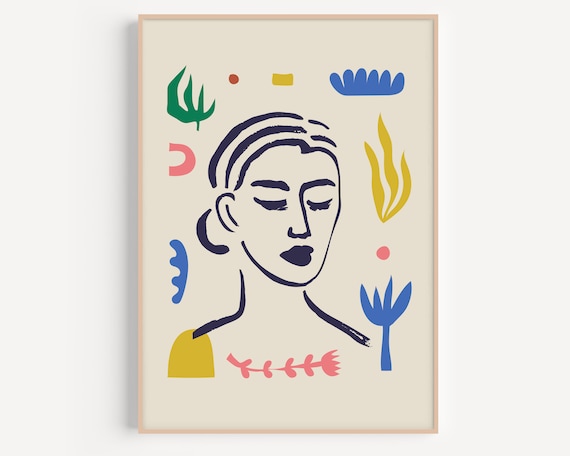 Abstract Woman Face Line Drawing Modern Colorful Wall Decor Poster