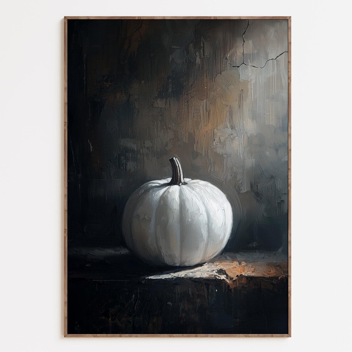 White Pumpkin Still Life Moody Dark Autumn Oil Painting Wall Art