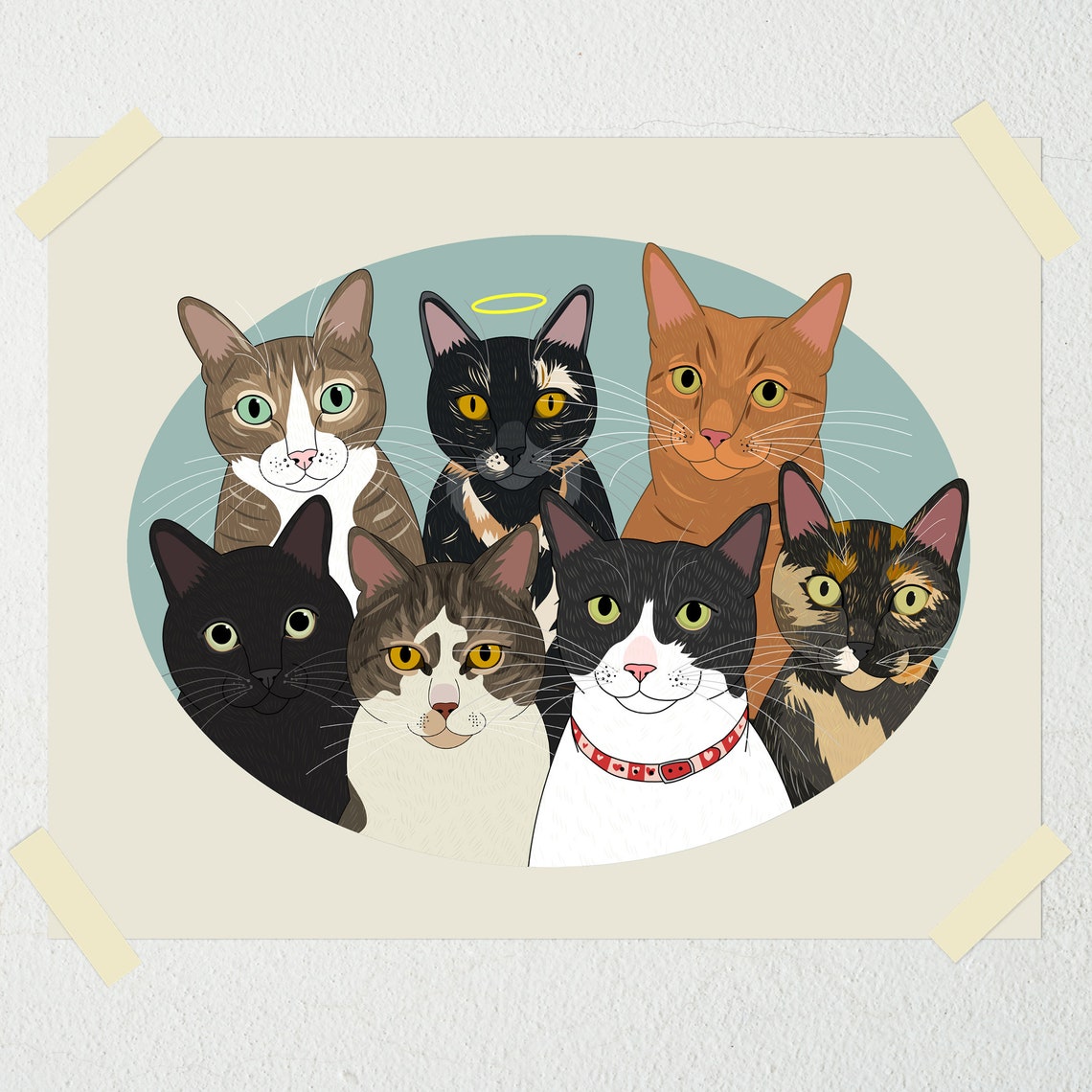 Two Dogs and Three Cats Group Pet Portrait Custom Illustration Poster - Image 5
