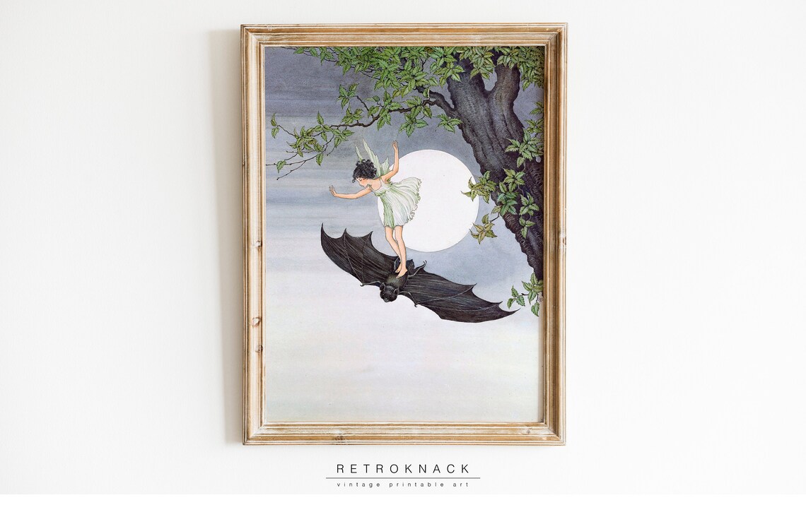 Ida Rentoul Outhwaite Fairy Riding Bat Full Moon Vintage Fantasy Print - Image 3