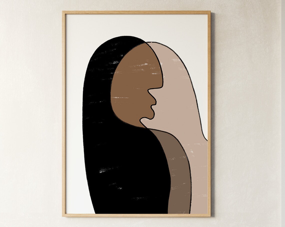 Overlapping Faces Profiles Black Brown Beige Abstract Modern Art Poster - Image 4