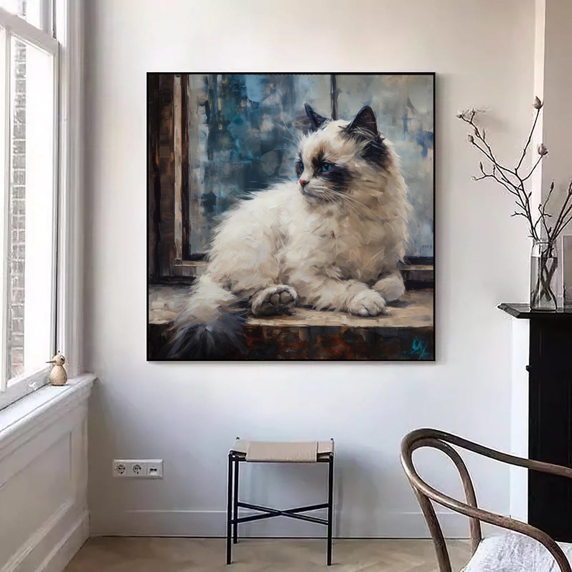 Cute Cat Original Oil Painting White Cat Painting Cat Portrait Hand Painted Artwork Animal Art Cat Oil Painting Window Sill Unique Gift