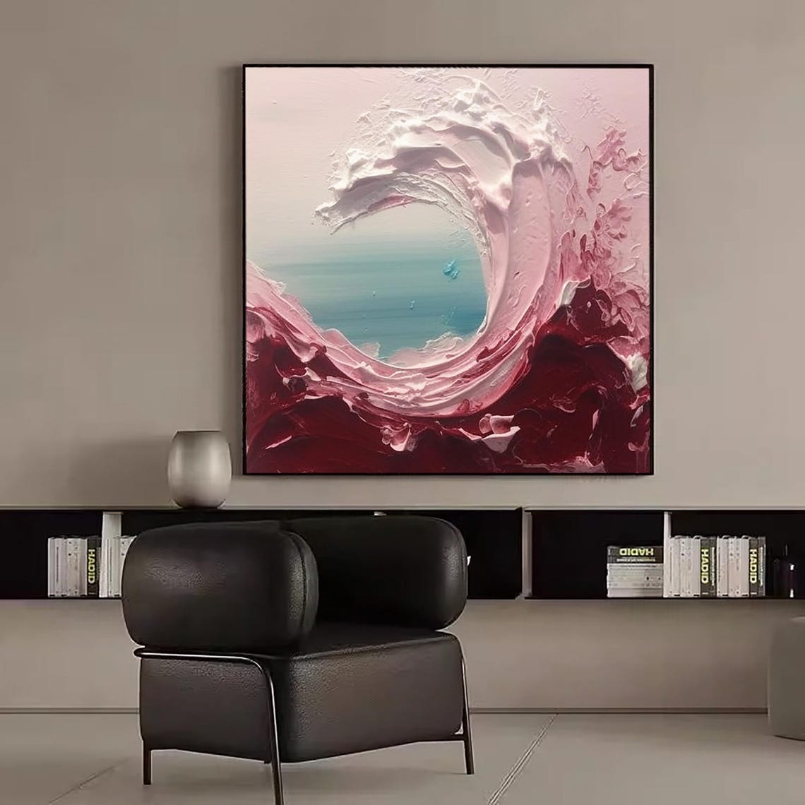 Pink Red Ocean Wave Circle Teal Sea Center Impasto Square Poster - Image 4