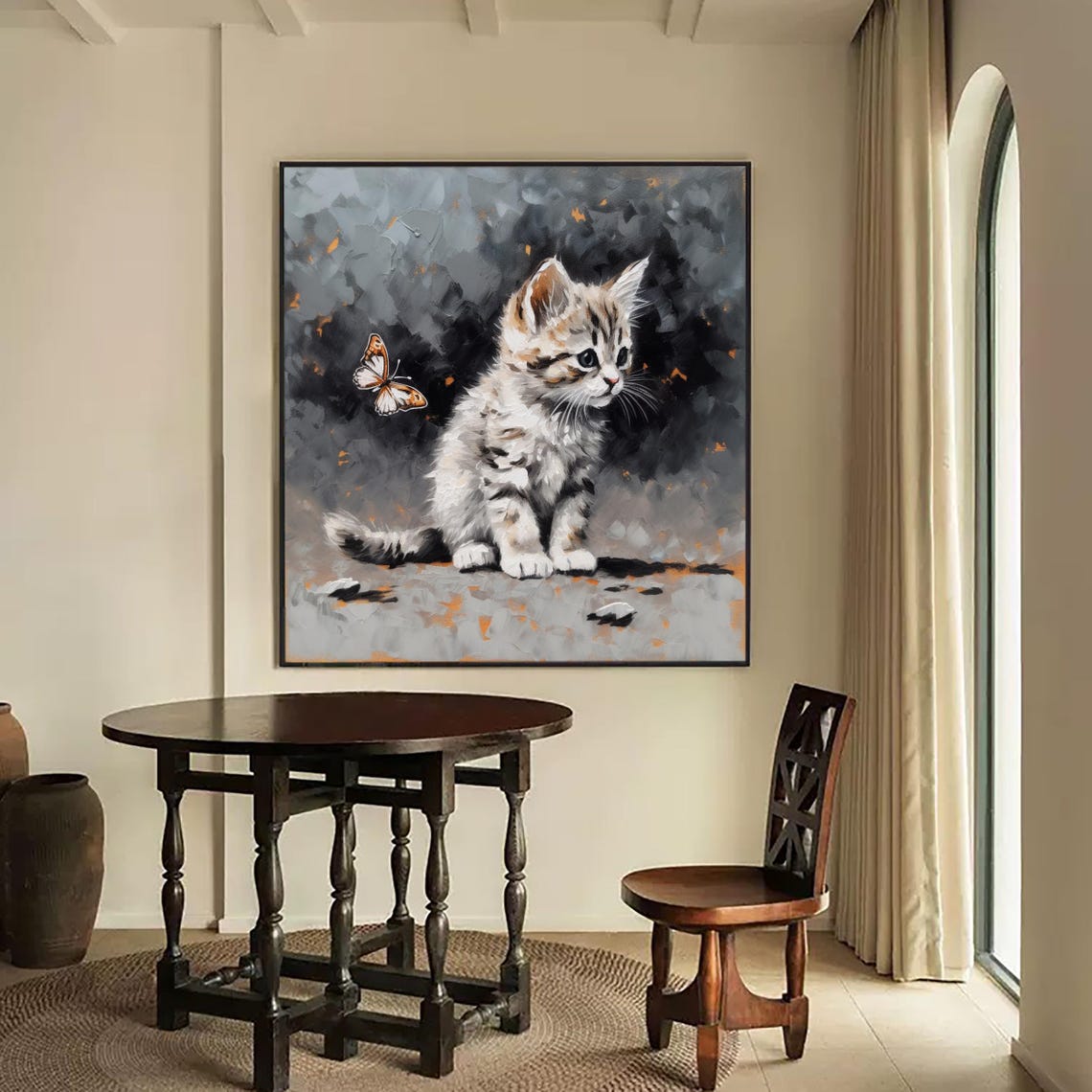 Gray Cat And Butterfly Oil Painting Pet Portrait Oil Impasto Painting Cat Portrait Wall Art Young Cat Pet Animal Painting For Cat Lover Gift - Image 4