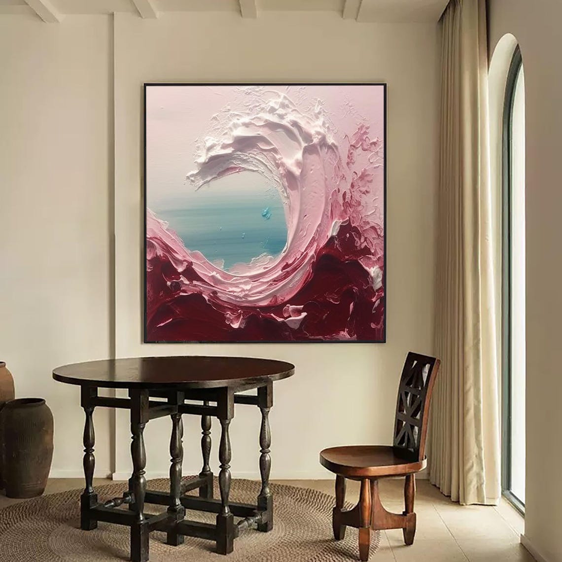 Pink Red Ocean Wave Circle Teal Sea Center Impasto Square Poster - Image 3