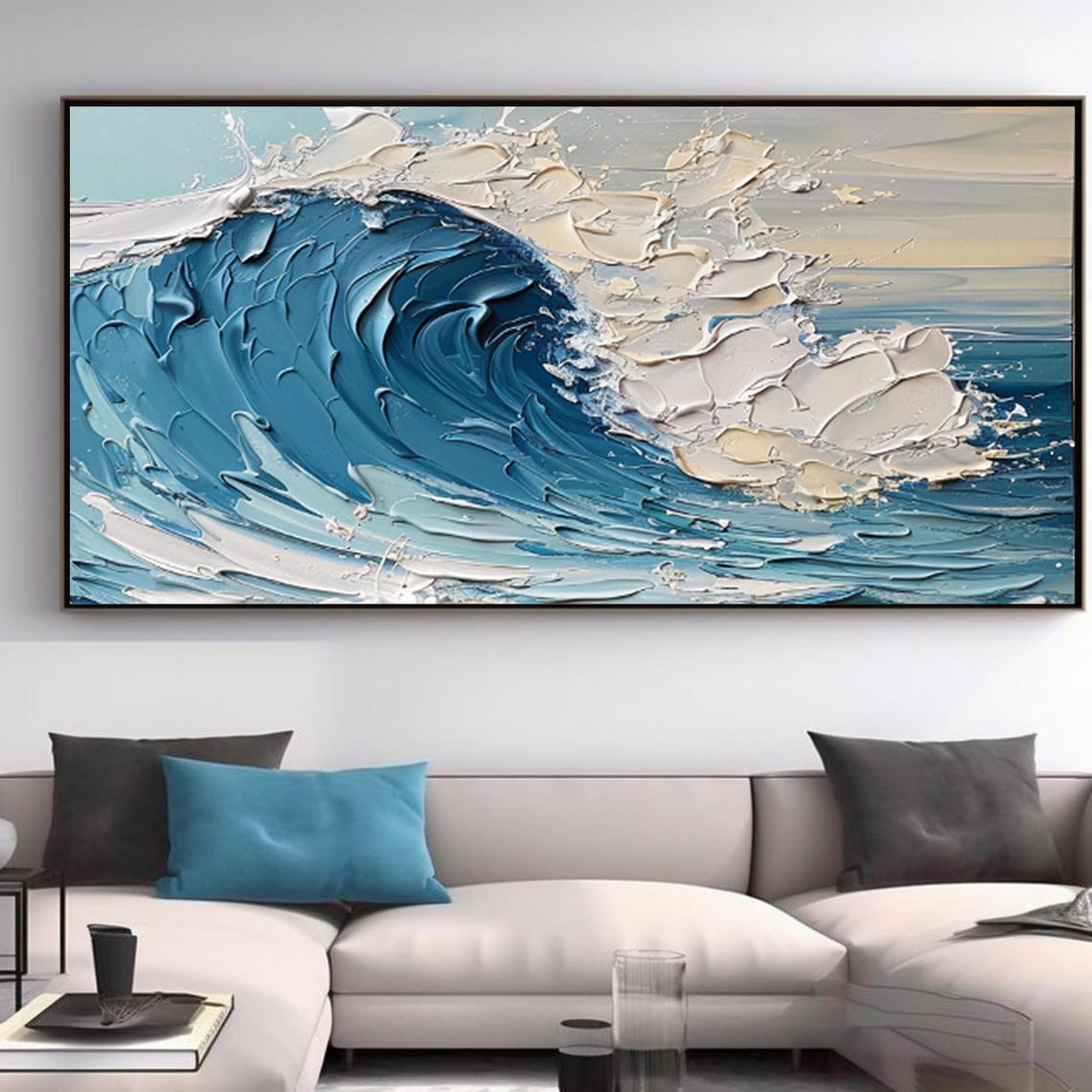 Blue Ocean Wave Crashing White Foam Impasto Panoramic Seascape Poster