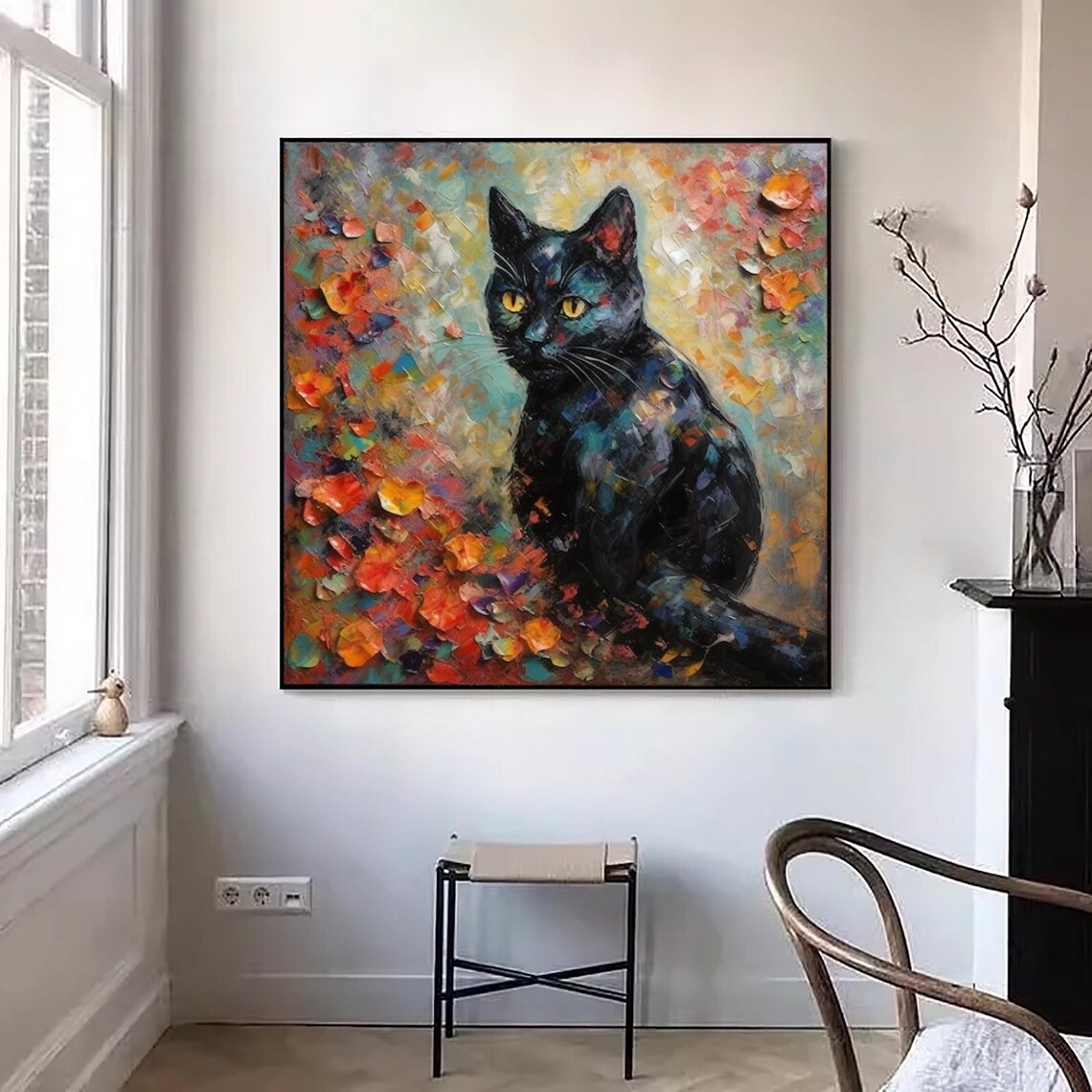 Black Cat Yellow Eyes Autumn Leaves Colorful Impasto Square Art Poster