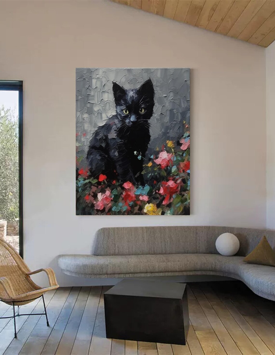 Black Cat Green Eyes Colorful Flower Garden Impasto Art Poster - Image 2