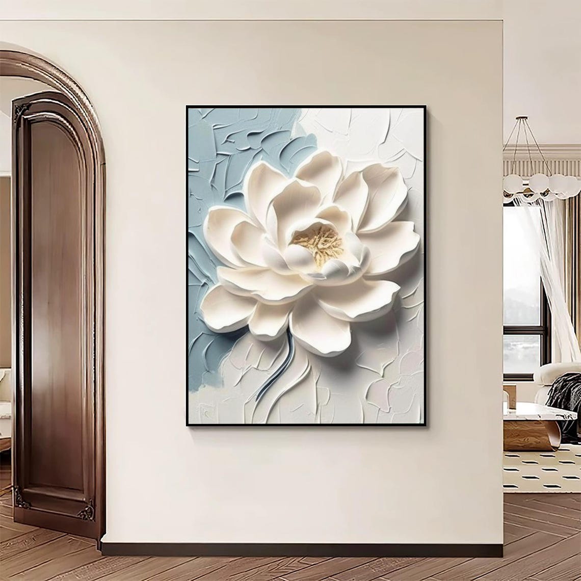 White 3D Bloom Flower Blue Textured Background Floral Art Poster - Image 3