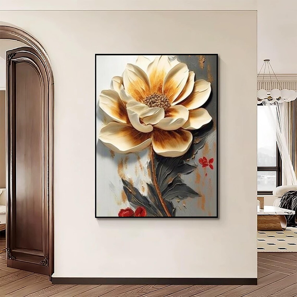 Cream White Flower Golden Center 3D Impasto Floral Wall Poster - Image 3
