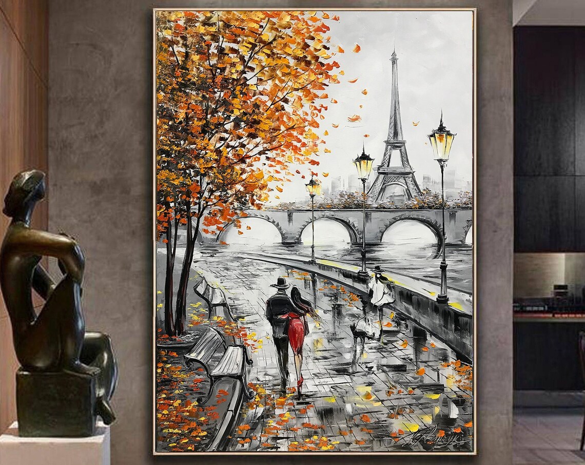 Eiffel Tower Couple in Love Fall Oil Painting