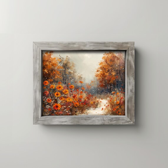Autumn Meadow First Snowfall Oil Painting Earthy Fall Wall Art Moody Orange Landscape Rustic Country Scene Decor