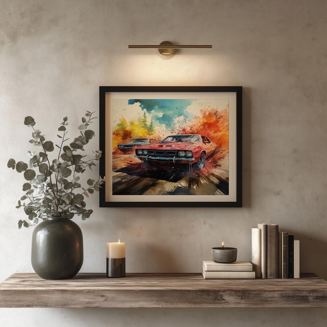 Red Classic Muscle Car Autumn Road Watercolor Racing Art Poster