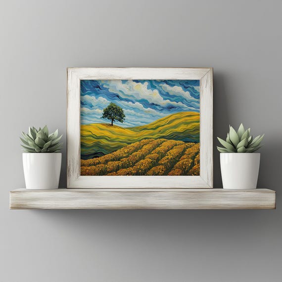 Rolling Canola Hills With Twisting Tree Earthy Farm Landscape Art Print Rustic Countryside Wall Decor Nature Painting