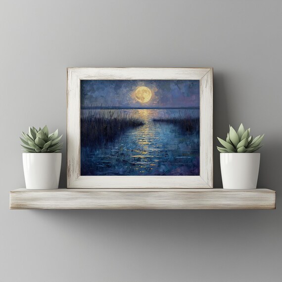 Silver Moon Over Cattail Marsh Moody Blue Violet Night Wall Art Lake Landscape Earthy Country Decor Painting