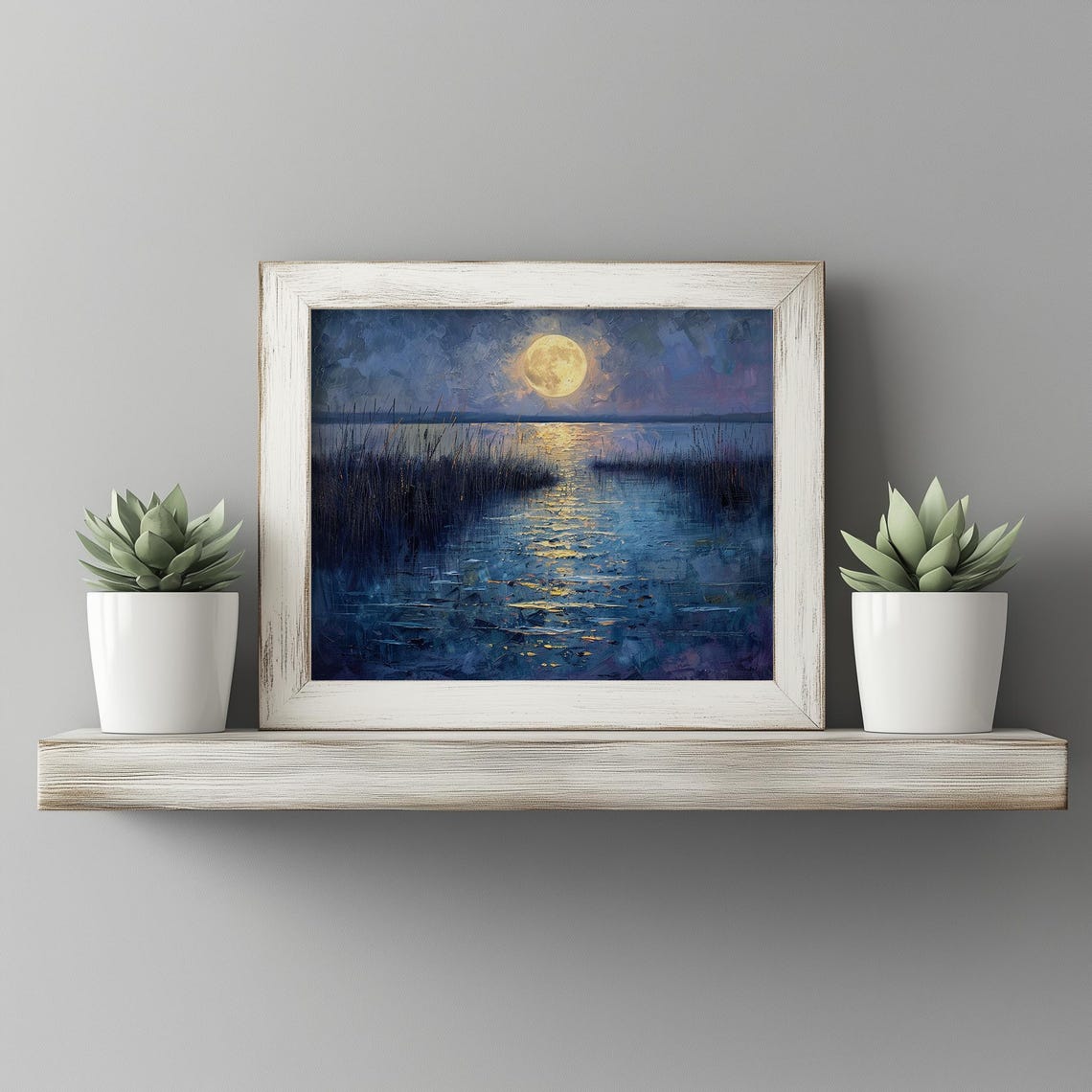 Silver Moon Over Cattail Marsh Moody Blue Violet Night Poster