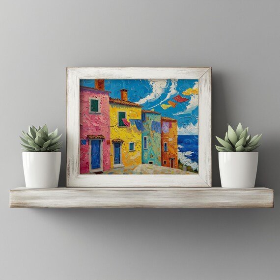 Colorful Coastal Village Houses Impasto Painting Travel Poster