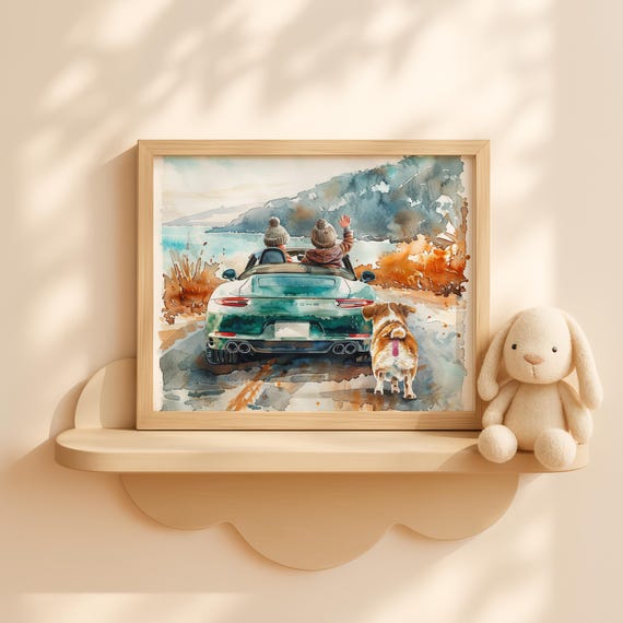 Baby Boy Coastal Overlook Scene Convertible Supercar Painting Watercolor Nursery Wall Art Car Decor Toddler Back View