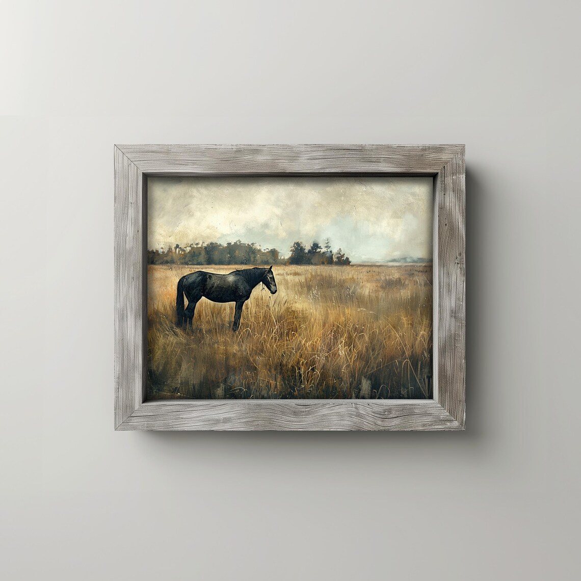 Dark Horse in Golden Field Vintage Equestrian Painting Poster