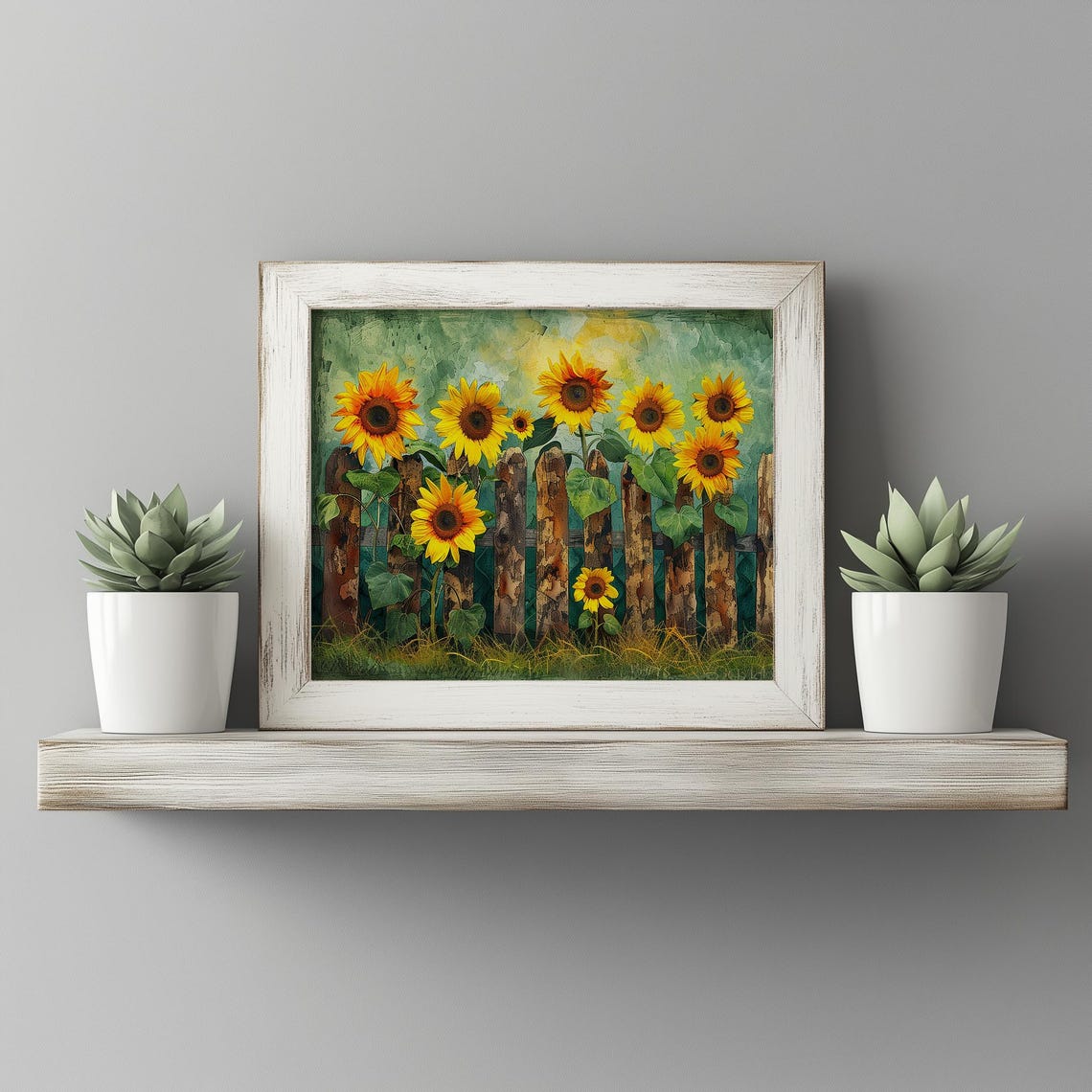 Sunflowers Rustic Wooden Fence Country Garden Painting Poster