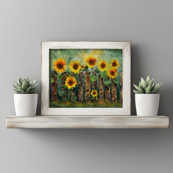 Sunflowers Rustic Wooden Fence Country Garden Painting Poster
