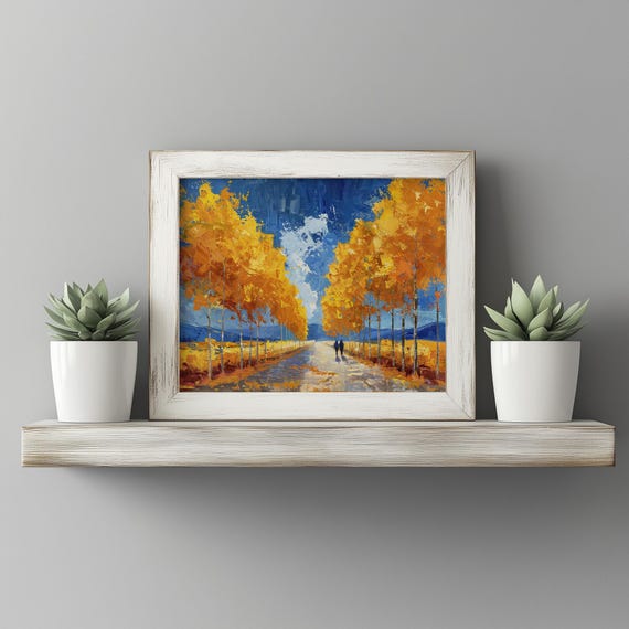 Tall Poplars Turning Gold Along Autumn Road Rustic Fall Landscape Art Earthy Country Path Decor Painting