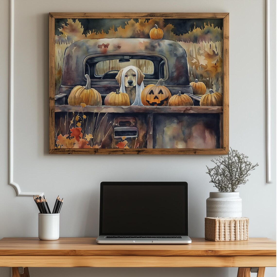 Golden Retriever Puppy Halloween Vintage Art Print