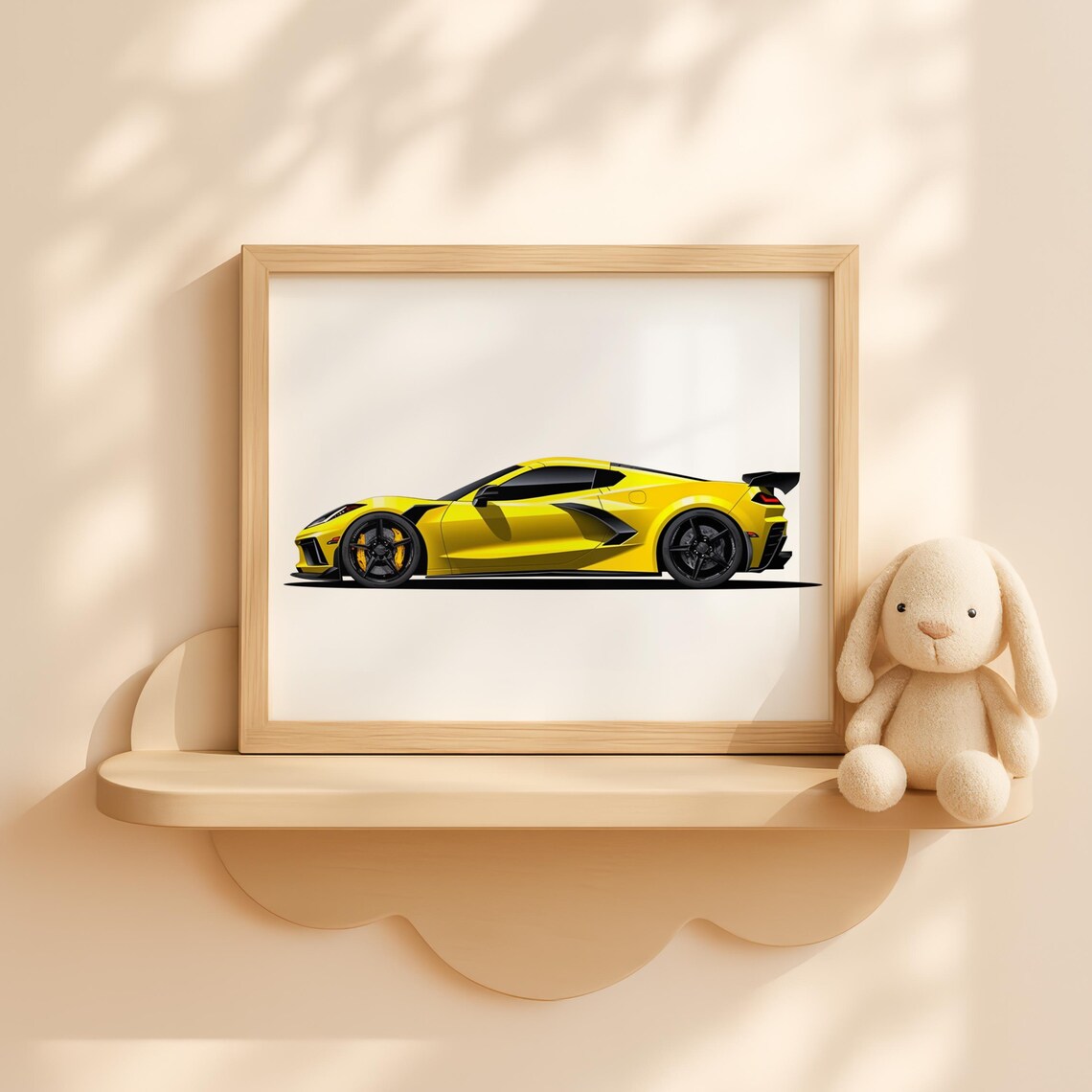 Yellow Chevrolet Corvette C8 Supercar Nursery Poster Kids Room Car Art