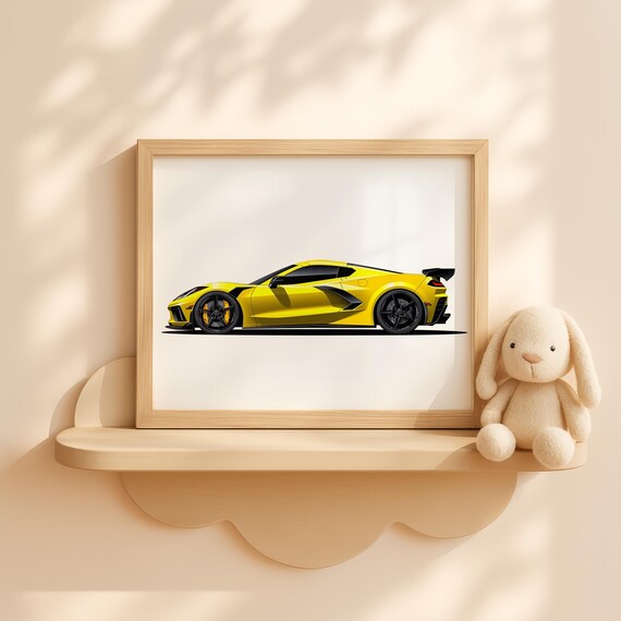 Yellow Chevrolet Corvette C8 Supercar Nursery Poster Kids Room Car Art
