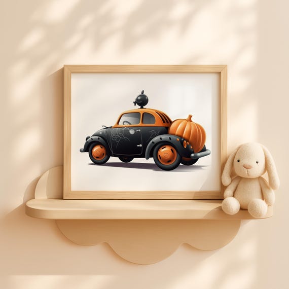 Nursery Halloween Pumpkin Car With Driver Art Baby Room Decor Spooky Fall Vehicle Poster Toddler Artwork