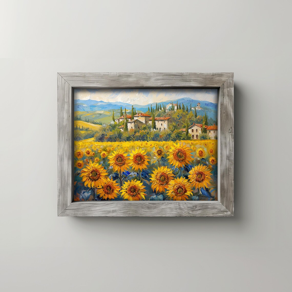 Sunflower Field Italian Villa Golden Cypress Hills Painting Poster