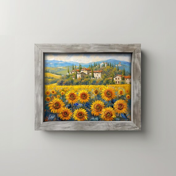 Sunflower Field Italian Villa Golden Cypress Hills Painting Poster