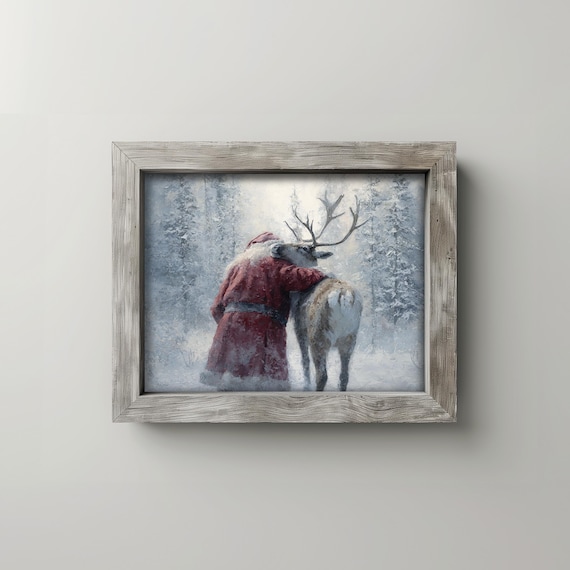Santa Claus Hugging Reindeer in Snowy Forest Christmas Poster