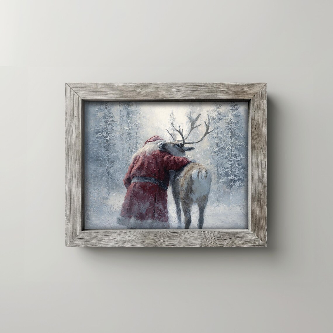 Santa Claus Hugging Reindeer in Snowy Forest Christmas Poster