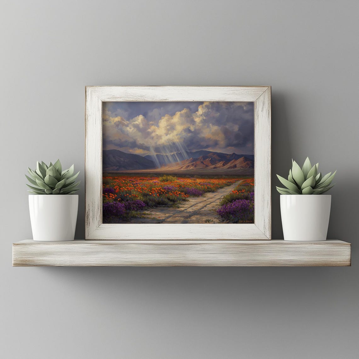 Desert Wildflower Bloom With Sunbeams Earthy Landscape Poster