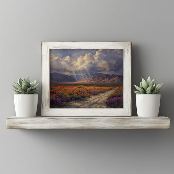 Desert Wildflowers With Orange Globemallow And Verbena Earthy Southwest Landscape Wall Art Rustic Spring Decor Painting
