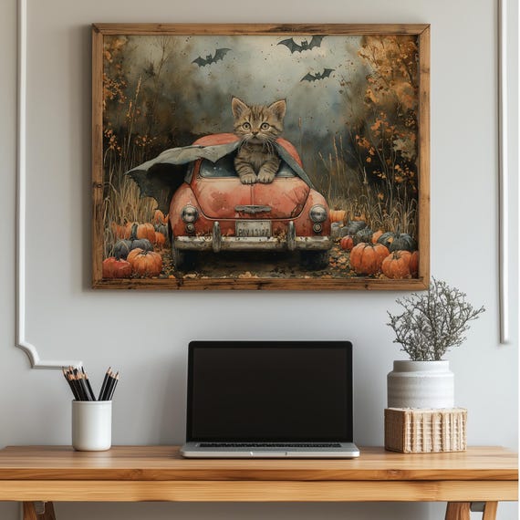 Tabby Kitten In Vampire Cape Halloween Cat Wall Art Spooky Fall Decor Vintage Artwork
