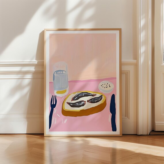 Sardine Toast Kitchen Art Print Pink Mediterranean Food Still Life