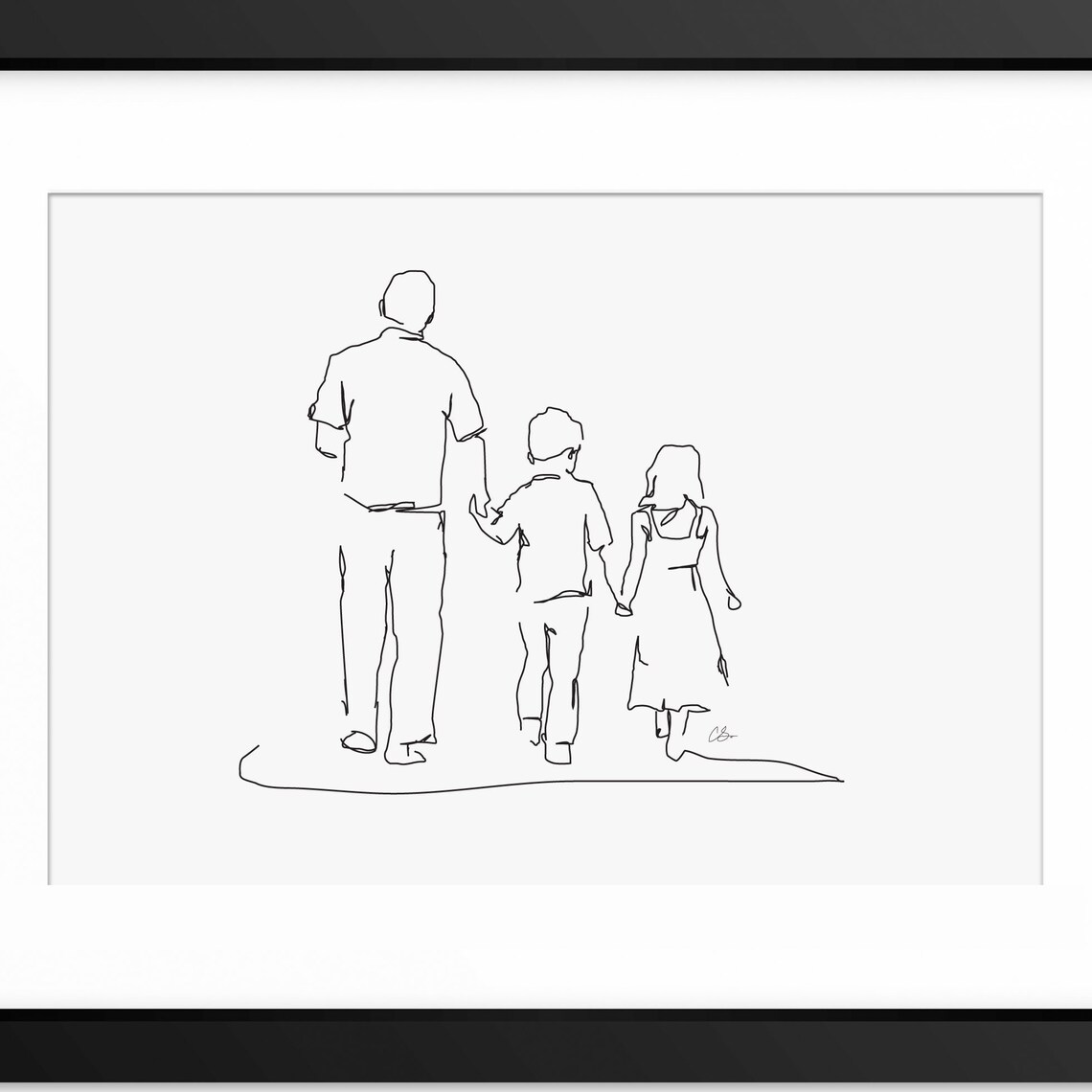 Father With Two Children Walking Away Line Art Poster for Family Rooms