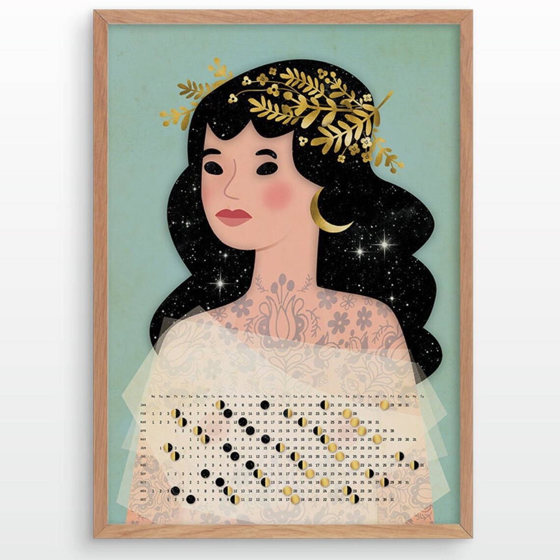 Moon Lady 2025 Lunar Calendar Moon Phases Celestial Illustrative Poster