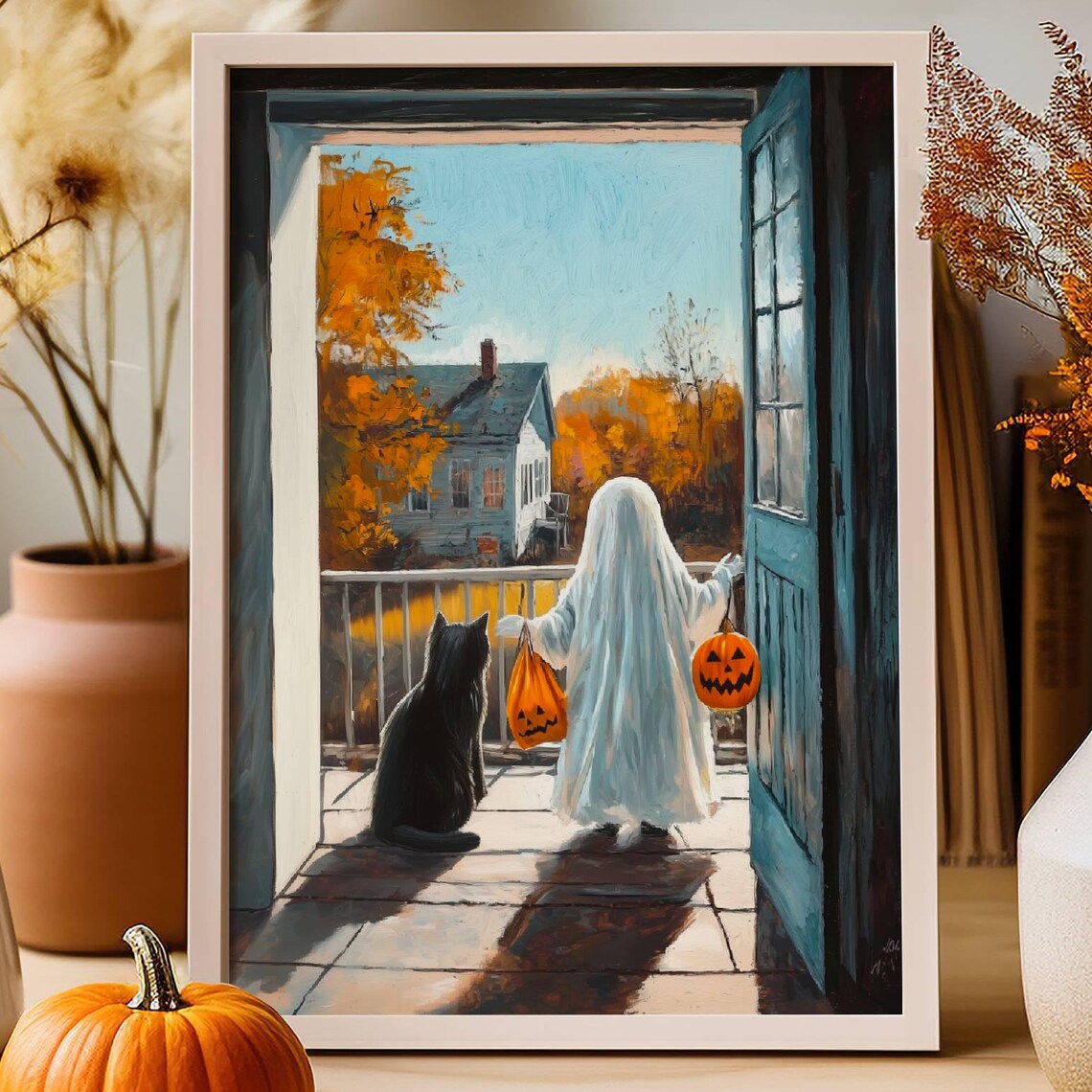 Black Cat And Ghost Whimsigoth Halloween Poster