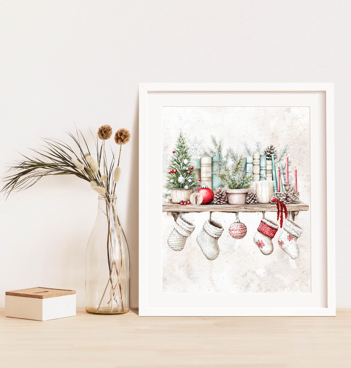 Bookshelf Christmas Wall Art 5x7 8x10 85x11 11x14 16x20 Watercolor Holiday Sign Winter Farmhouse Sign Diy Woodland Decor - Image 2
