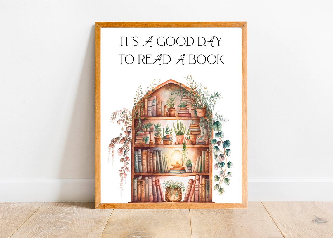 Cozy Its A Good Day To Read A Book Botanical Bookshelf Watercolor Poster - Image 2