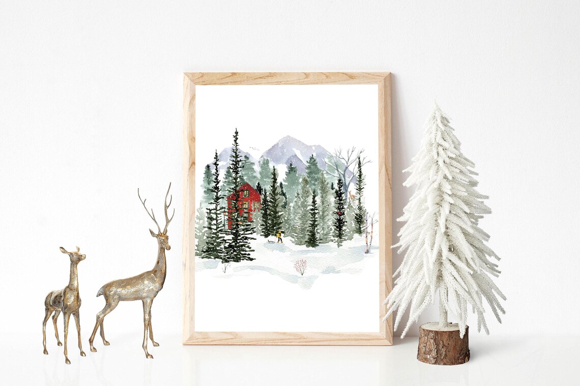 Snowy Red Cabin Watercolor Mountain Woodland Winter Landscape Poster - Image 5