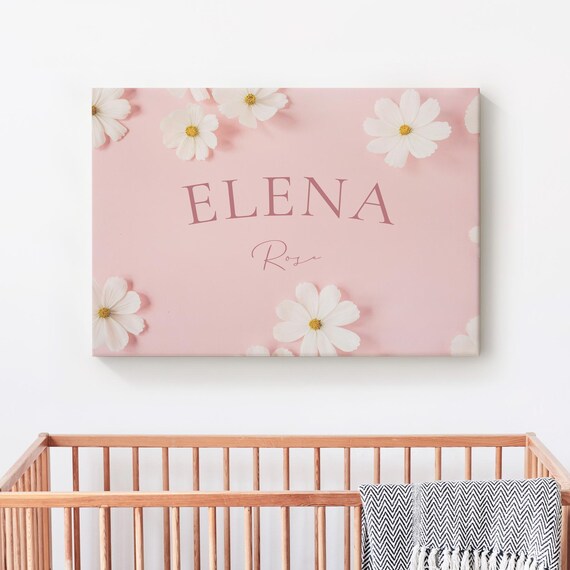 Elena Rose Nursery Name Sign Pink Daisy Floral Baby Girl Wall Decor Poster