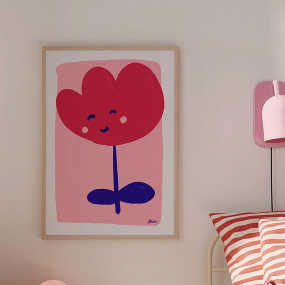 Happy Flower Print Light Pink Wall Art Girly Bedroom Little Girls Room Nursery Dopamine Decor Cute For
