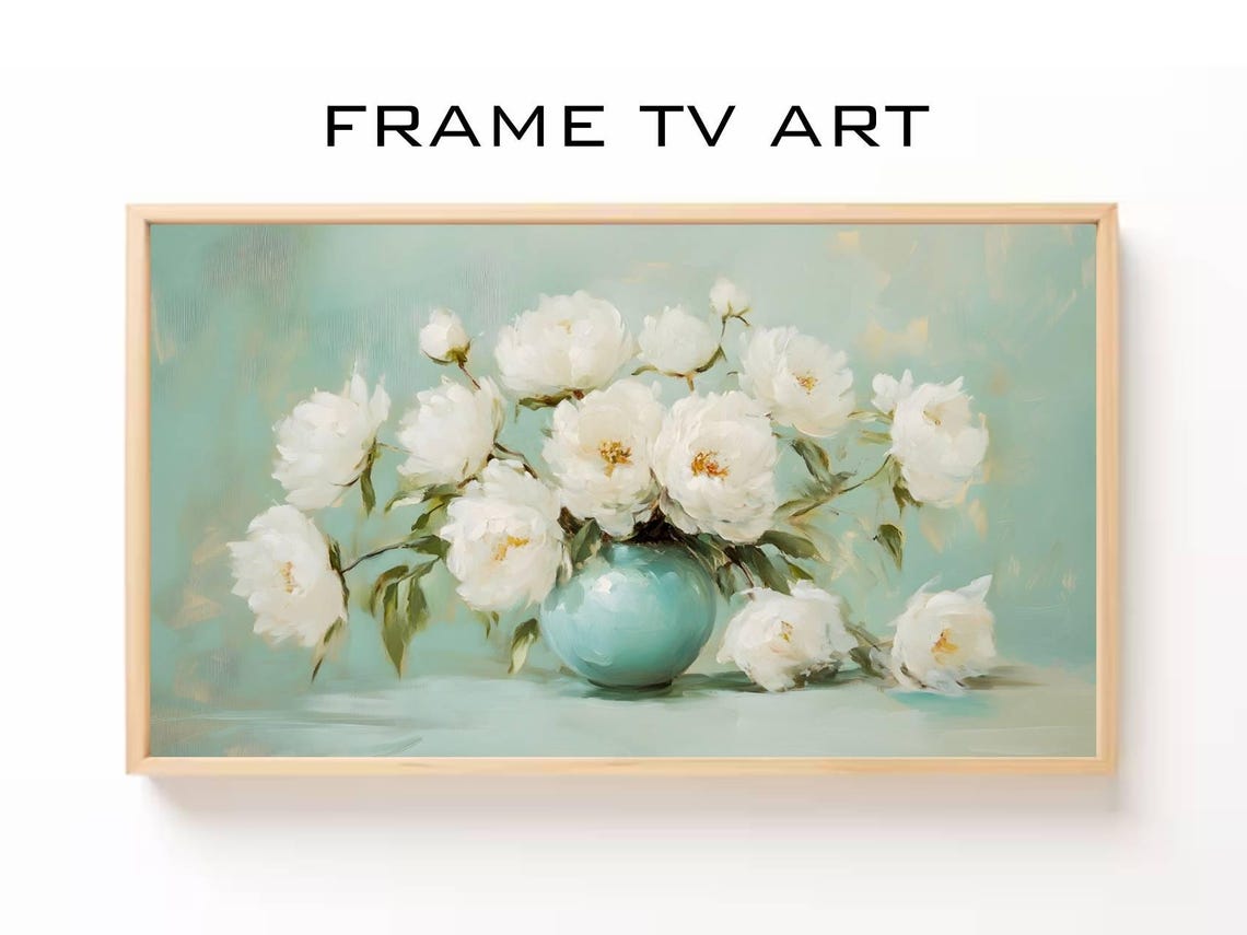 Elegant White Peonies Blue Vase Soft Pastel Floral Frame TV Art Print