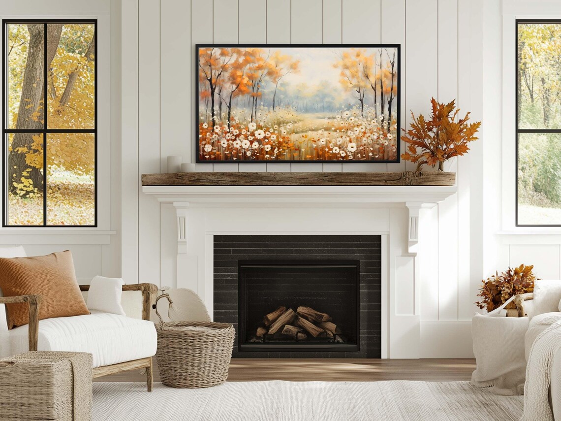 Autumn Wildflower Meadow Golden Fall Trees Misty Landscape Painting Poster - Image 3