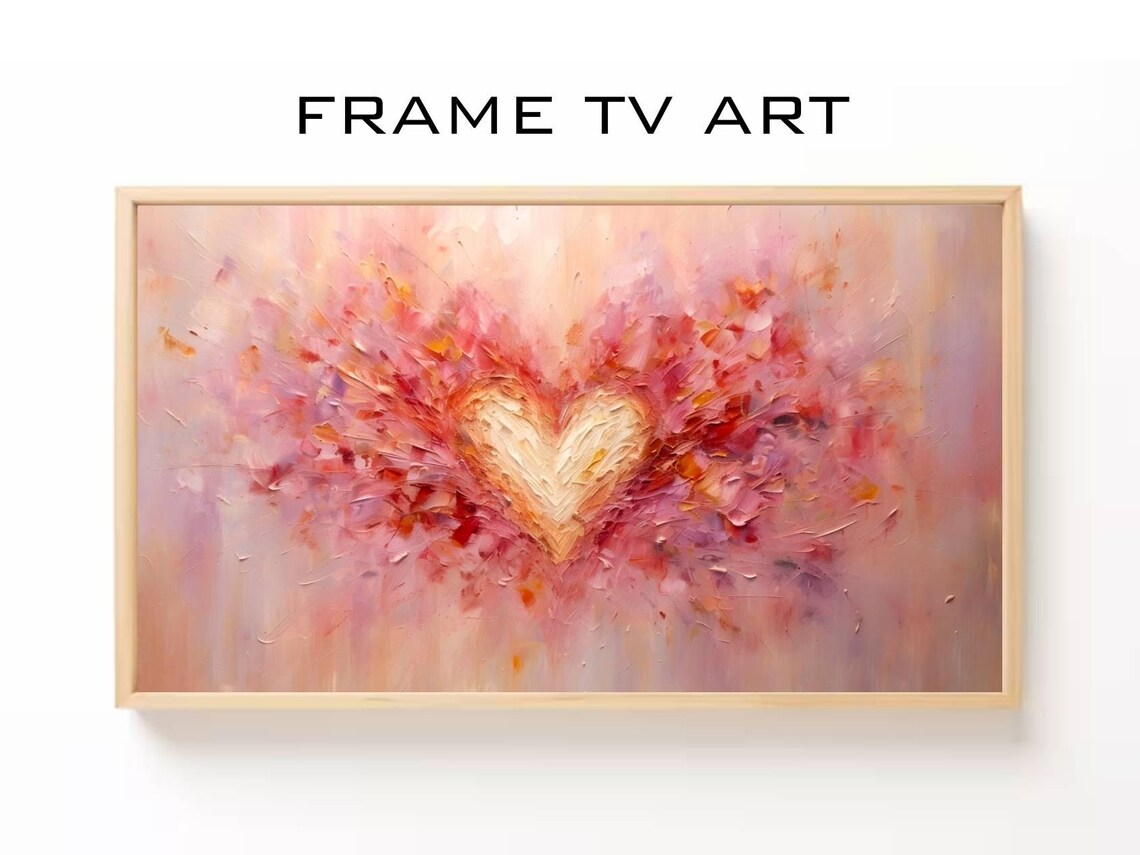 Romantic Pink Impasto Heart Abstract Painting Valentine Wall Art Print