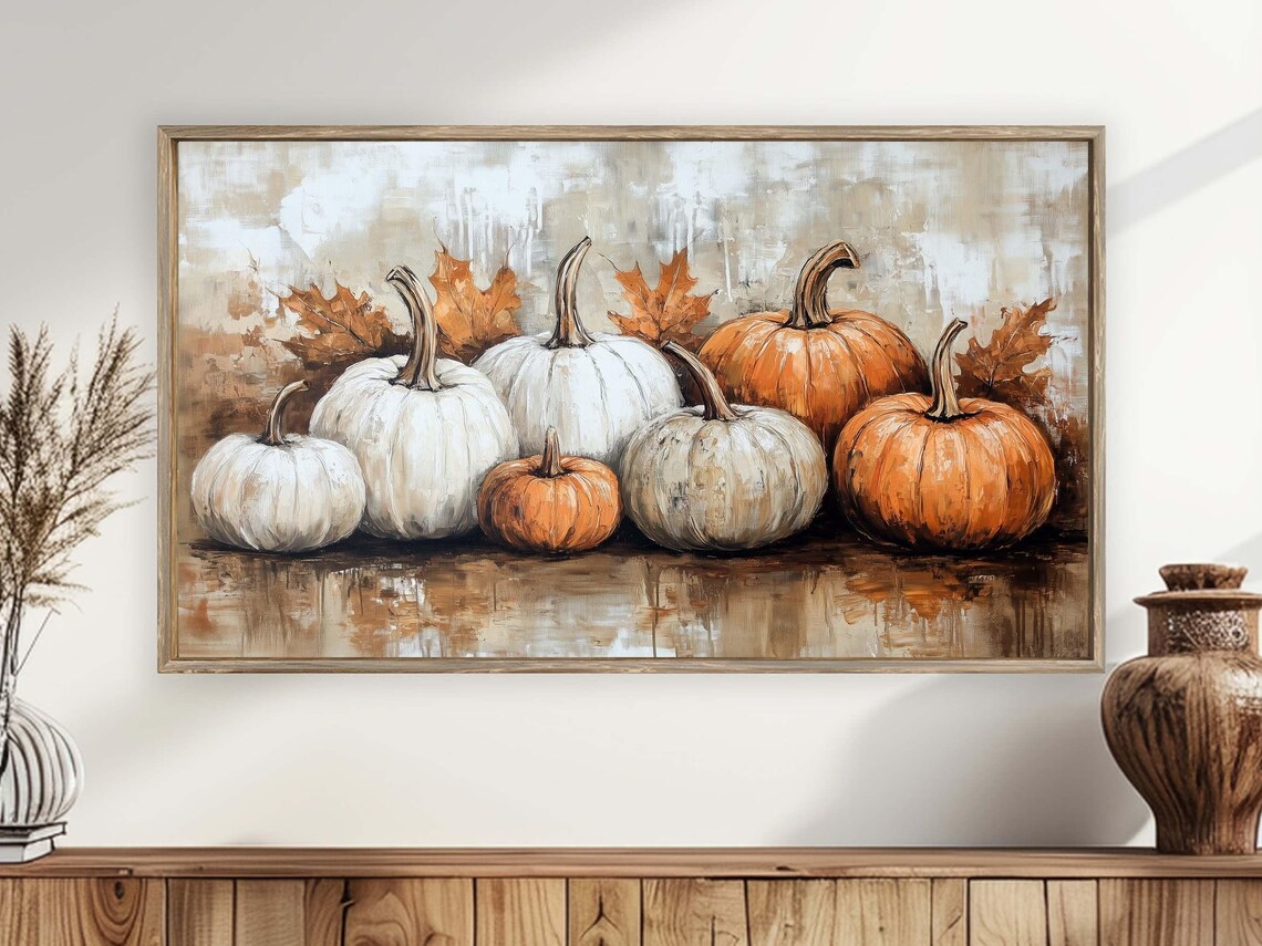 Neutral Fall Pumpkins Still Life White Orange Vintage Textured Oil Poster Art - Image 4